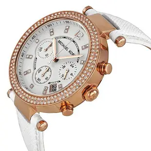 Michael Kors 玫瑰金鑲鑽 白色皮帶三眼計時手錶腕錶 MK2281【Watch World-Store  】