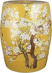 Ceramic Drum Table Decorative Garden stools, Decorative Ceramic Garden Stool, Glazed Hand-Painted Flower and Bird Shoe Changing Stool Drum Stool, Suitable for Outdoor Garden,(Old Yellow)