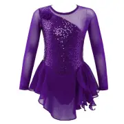 Girls Purple Sequined Competition Ice Figure Skating Dress Sheer Skirt Child 14