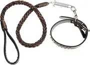 Ipetboom Leather Dog Leash Collar Set Dog Walking Training Leash Leather Braided Dog Leash Puppy Dog Leash Outdoor Dog Rope Pet Supplies Black