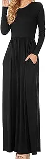 [Generic] Women Long Sleeve Loose Plain Maxi Dresses Solid Color Cotton Oversize Dress Casual Crew Neck Long Dresses with Pockets