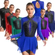 Womens Dance Dress Contrast Color Dancewear Ballet Leotard Press Buttons Mesh