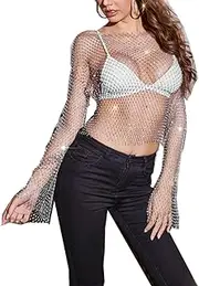 [Ralcosuss] Women’s Shiny Rhinestone Mesh Fishnet Long Sleeve Top Shirt See-Through Beach Bikini Swimsuit Cover Up Clubwear