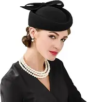[HIMESPORT] Wool Felt Vintage Fascinator Winter Women Elegant Pillbox Hat Bowknot Derby Church Hat Retro Fedoras