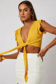 Yellow Ruffle Top Tie Front - Size M, Women's Kimono