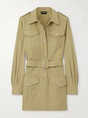 [TOM FORD] TOM FORD - Belted Cotton And Silk-blend Twill Mini Dress - Army green - IT44 IT 44 Green