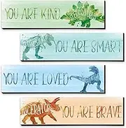 Yalikop 4 Pcs Dinosaur Room Decor for Boys, Inspirational Posters Wall Plaque for Kids Bedroom Nursery Classroom Dinosaur Prints Wall Art Decor(Cool Colors,12 x 3 Inch)