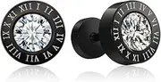 [FASHGOOD] Hypoallergenic Stainless Steel Stud Earrings for Men Women: Roman Numerals Flat Back Earrings with Zirconia Black Silver Earring Stud