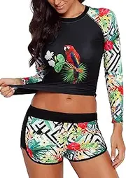 Runtlly Womens Rash Guard Swimsuit Long Sleeve Sun Protection Sport Printed Wetsuit Two Piece Swimsuit Set UPF 50+