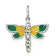Sterling Silver Rhodium-Plated Polished Green Cz & Enameled Dragonfly W/ Spring Ring Clasp Charm
