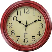 Silent No Tick Round Retro Quartz Clock Wall Clock (12 Inches) Red