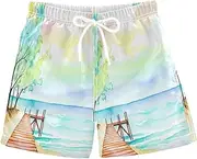 [RPLIFE] Swimming Trunks for Kids, Anti Chafe Swim Trunks for Boys 2 T, Watercolor Painting Trees Beach