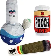 Baja Ponchos 3 Pack Mellow Vibes Dog Plush Chew Toys - Funny Dog Beer and Weed Squeak Toys - Dog Gifts - Joint - Blunt - Marijuana – Pooch Light – Bong