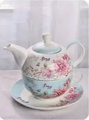 Gift Boxed Light Blue Garden 3 piece TEA FOR ONE teapot and teacup set