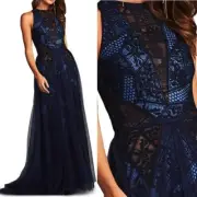 NWT TADASHI SHOJI Lace Patchwork Illusion Gown Dress Navy BWK22895L Navy Size 6