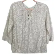 Chicos Peasant Blouse Women Small Ivory 3/4 Balloon Textured Sheer Floral Top