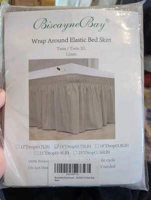 Biscayne Bay Bed Skirt Wrap Around Elastic Twin/ Twin XL Linen 15" Inch Drop