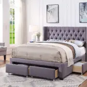 Bologna Premium Fabric Queen Bed Frame Grey Drawers