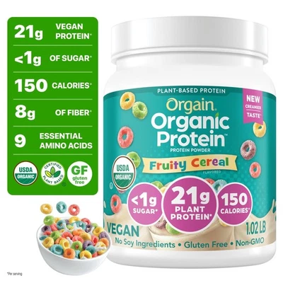 Orgain Organic Vegan 21g Protein Powder, Plant Based, Fruity Cereal 1.02lb