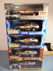 DELOREAN, BACK TO THE FUTURE 1, 2, & 3 TIME MACHINES { SET OF 5 ] 1/18 NIB