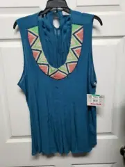 Wrangler Woman Top Size 2XL New With Tag Beaded Neckline Teal Peasant Boho