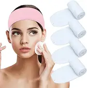 Spa Facial Headband Head Wrap Adjustable Terry Cloth Hair Band 4 Counts Stretch Towel for Washing Face, Skincare，Shower, Facial Mask Bath, Makeup and Sport (White 4 Pack)