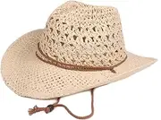 [FakeFace] Men's Floppy Packable Straw Hat Beach Cap Newsboy Fedora Sun Hat, Big Brim, Adjustable Chin Strap
