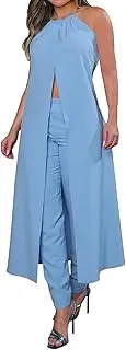 [Generic] Casual Two Piece Sets for Women Going Out Summer Halter Sleeveless Backless Slit Midi Dresses Elegant Matching Long Pant Set New