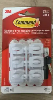 Command Mini Hooks, Damage-Free Hanging - 12Hooks/16Strips NEW