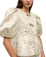 Ganni Metallic Cloque Peplum Tie String Blouse