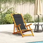 Folding Beach Chair with Armrests Black Acacia Wood & Textilene