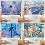 掛毯動漫PERMADANI日本手繪插畫背景卡通動漫二次元鯨魚城風景裝飾臥室客廳裝飾掛布