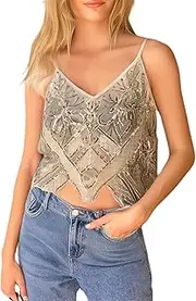 [Bocymolay] Women Sequin Cami Tops V Neck Sparkle Glitter Backless Shirts Going Out Party Club Sexy Sheer Camisole