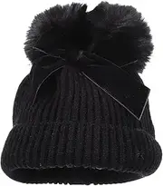 [Beavorty] Bow Decor Knitted Hat for Warm Beanie with Furry Balls Soft Skin Friendly Material Adorable Design for Boys