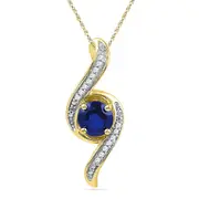 10k Yellow Gold Round Created Blue Sapphire Solitaire Diamond Pendant 1 Cttw