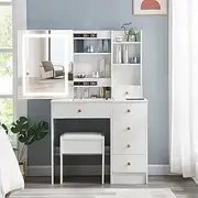 Dressing Table with Lighted Mirror, Vanity Desk with Lights and Stool, Vanity Table with 5 Drawers, 3 Color Lighting Modes,Sliding Mirror White