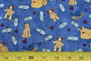 By 1/2 Yd, Gold Cats & Mice, Blue Fish & Birds on Blue Cotton, Alma Lynne, N2289