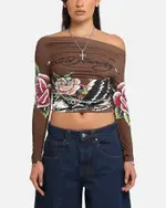 [ED HARDY] Ed Hardy Women's Eagle Long Sleeve T-shirt Brown - Size L L Brown