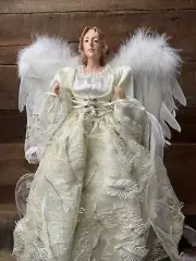 Christmas Angel Tree Topper Stand Alone 16”Inch Feather Wings Detailed Robe
