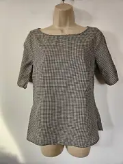 New AQUASCUTUM Reba Micro CHECK Boat Neck Top S UK 6 Brown Short Sleeve T-Shirt