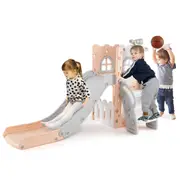 Babyjoy 6-in-1 Kids Slide Set L-shaped Slide Center w/Basketball Hoop Toddler Playground Pink