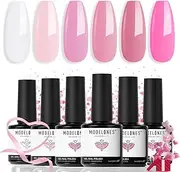 Modelones Pink Gel Nail Polish Set 6 Colors, Light Soft Pink Sakura White Barbie Pink Soak Off Nail All Seasons Gel Starter Kit Long Lasting Nail Art Design Manicure Valentine's Day DIY Gel Nail Kit
