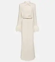 [Roland Mouret] Roland Mouret Feather-trimmed crêpe maxi shirt dress AU 8 white