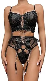 [Generic] Women's Lace Bra Panty Set Floral Lace Push Up Garter Lingerie Sexy Strappy Underwire Bodysuit Underwear