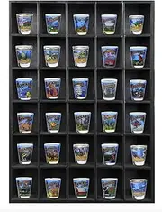 Tasse Verre 30 Shot Glass Shelf Display Case (1-Pack) - Large Wooden Collectibles Rack - Wall Mounted Black Bar Shadow Box Minifigure Storage, 16.7x12.2”