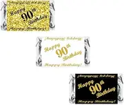 90th Birthday Miniatures Candy Bar Wrapper, (Set of 60) Mini Candy Bar Stickers; 3 Designs: 24 Gold, 24 Black, 12 White, Candy Not Included