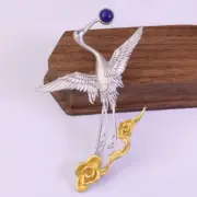 Gold Plated 925 Sterling Silver Lapis Lazuli Red-crowned Crane Brooch Pin
