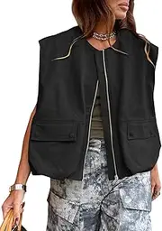 [Tankaneo] Womens Casual Zip Up Vest Cargo Oversized Ruched Hem Sleeveless Blazer Jackets Tops