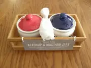 Sur La Table Ketchup & Mustard Jars, Lids, Spoons & Wooden Caddy,Ouside BBQ -New
