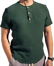 [Zylphorix] Men Round Neck Solid Casual Shirt Short Sleeve Fashion Button Exercise Top Summer Slim Fit Loose Sport T Shirt, Green, 3X-Large